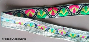 Gold Shimmer Fabric Trim With Yellow, Green, Pink And Black Floral Embroidery